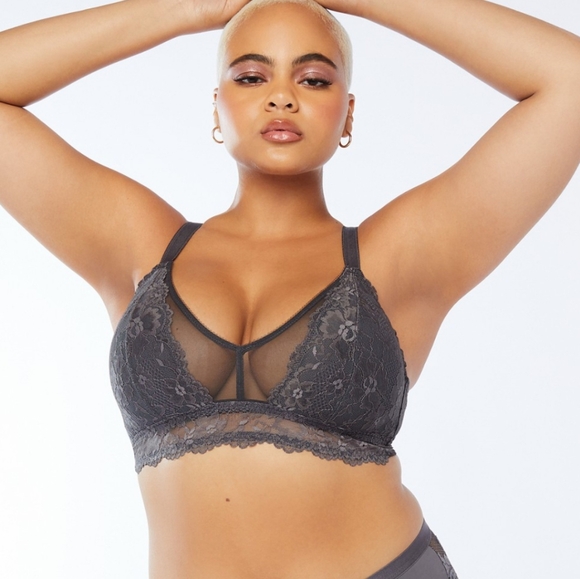 Savage X Fenty Floral Lace and Mesh Bralette In Blackened Grey Pearl Size 1X - Picture 1 of 6